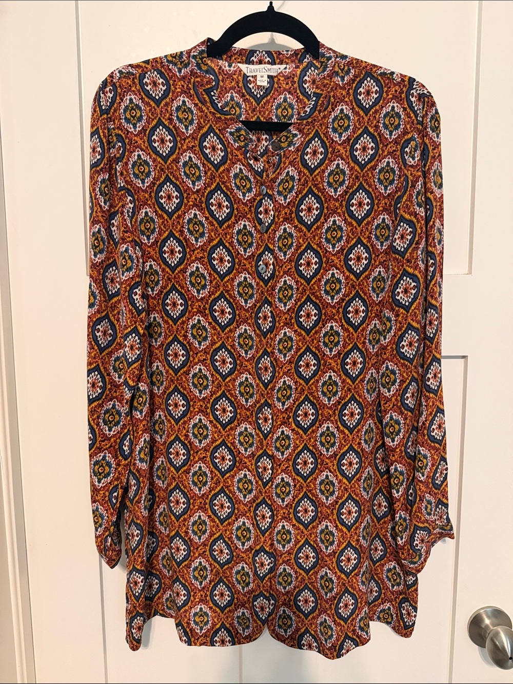 TravelSmith Vintage 90s 100% Silk Women’s Rust Patterned Long-Sleeve Blouse